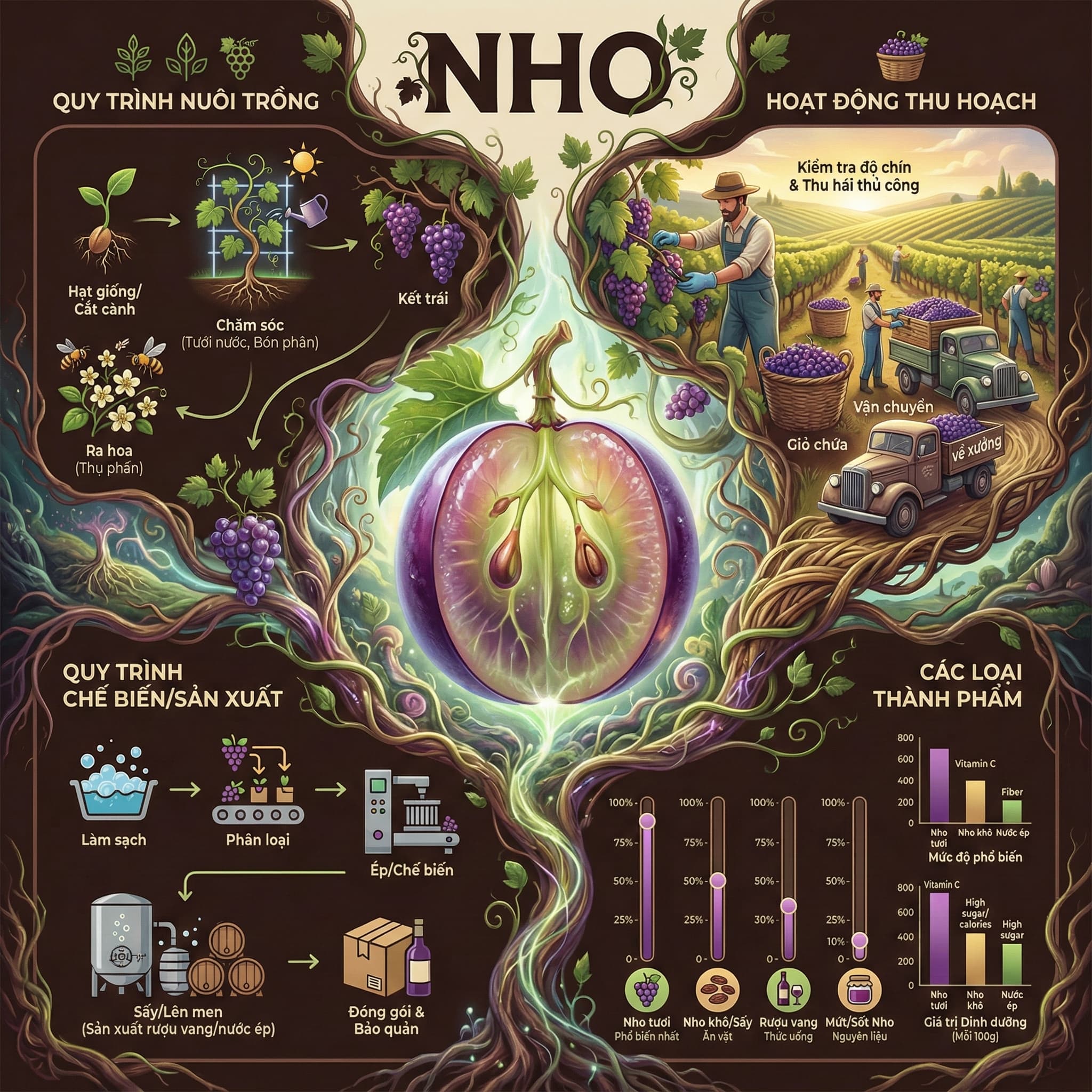 Tạo ảnh quy trình tạo ra các loại trái cây dạng infographic